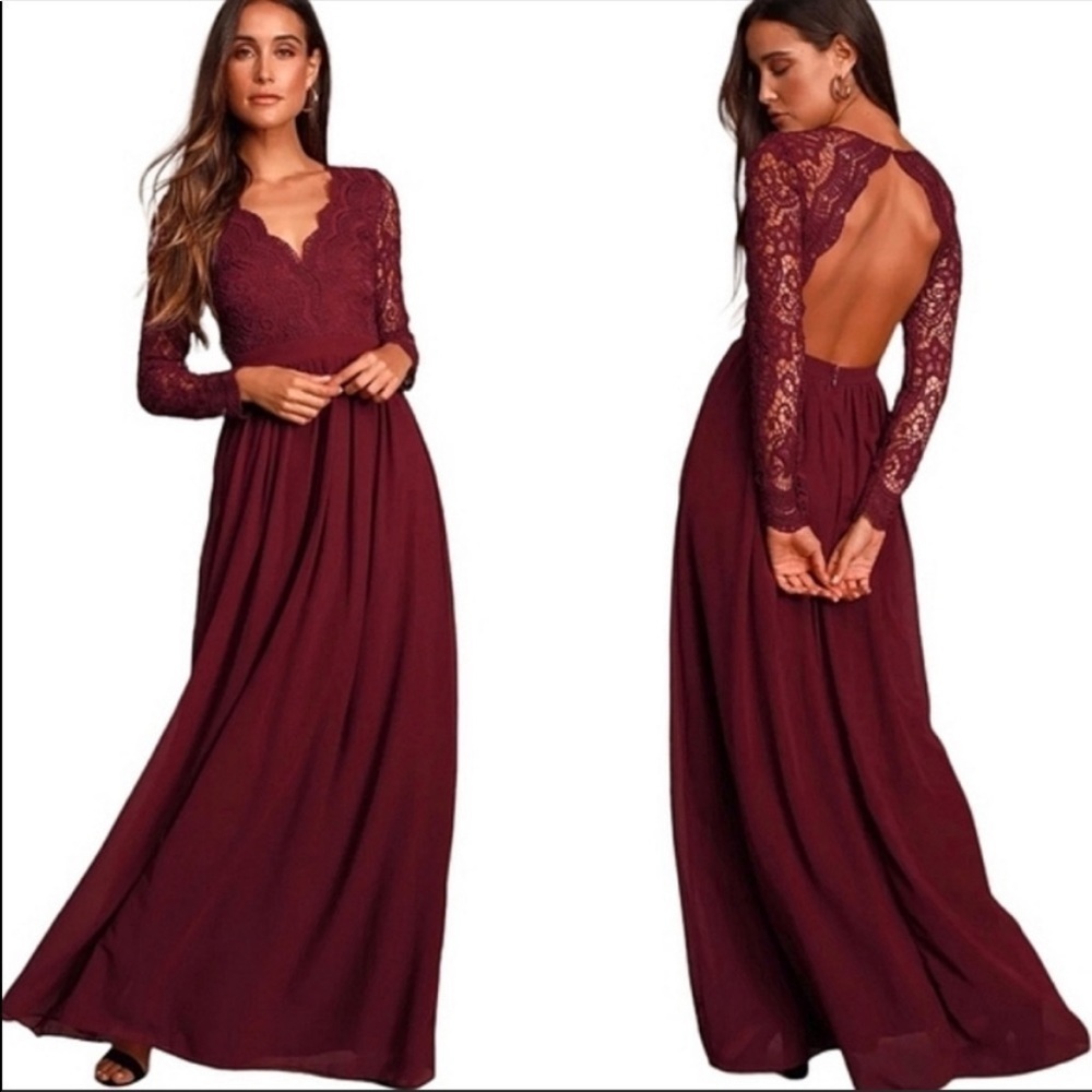 Lulu’s Awaken My Love Burgundy Long Sleeve Lace Maxi Dress Size M